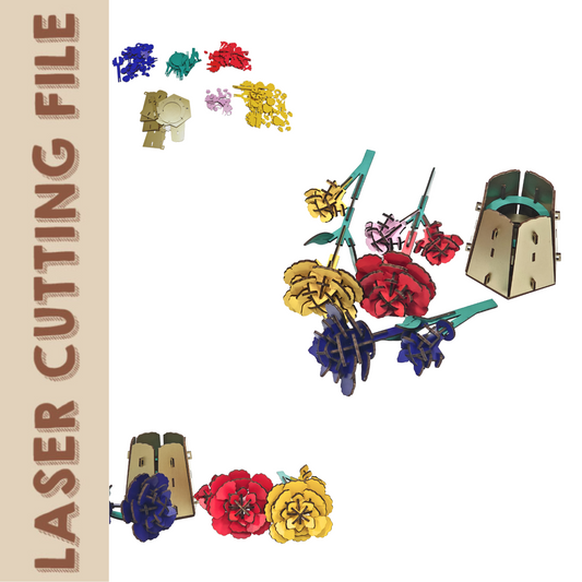 Arquivo de corte a laser para buquê de flores em quebra-cabeça 3D – Projeto de presente faça você mesmo com flores de madeira em camadas