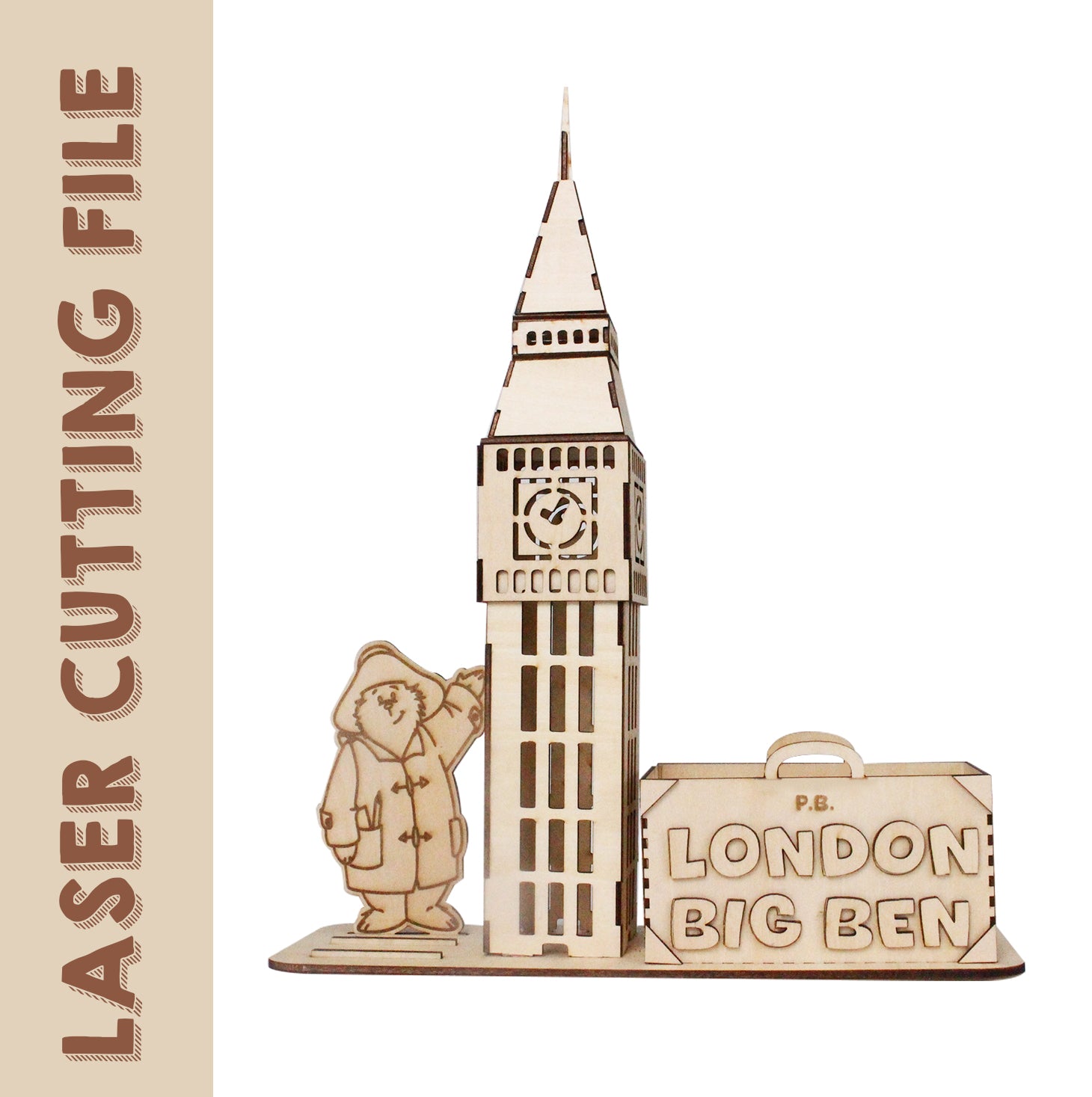 London Big Ben with Paddington Bear Desktop Storage Box Laser Cutting File - DIY Craft for London Lovers