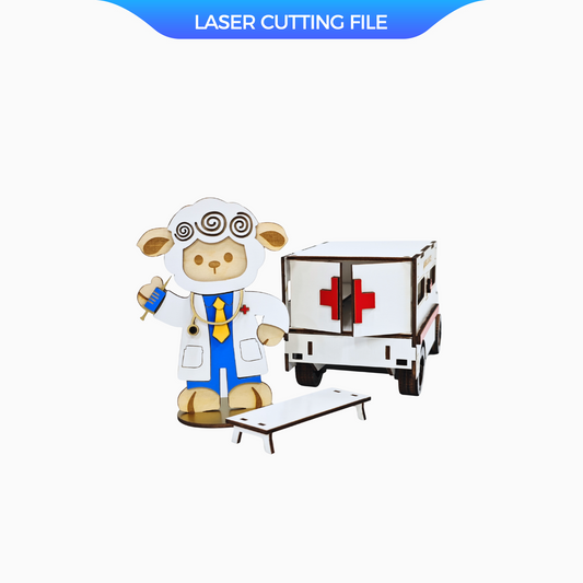 3D Ambulance Puzzle SVG – Laser Cut File Featuring Dr. Yama the Lamb