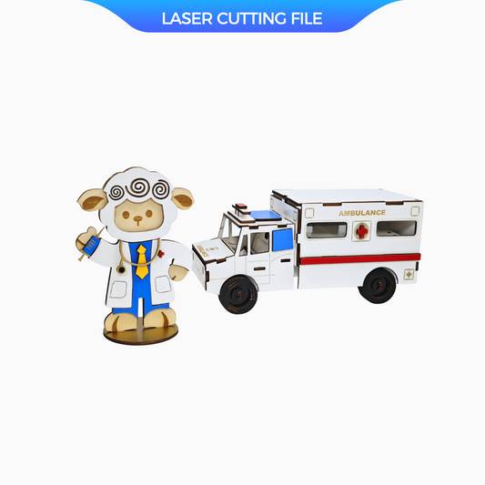 3D Ambulance Puzzle SVG – Laser Cut File Featuring Dr. Yama the Lamb