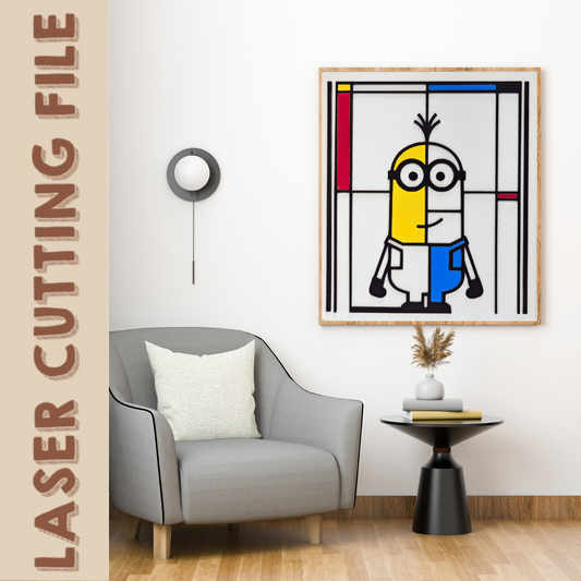 Two-layer laser cut file featuring a cartoon Minion in Mondrian style geometric color blocks. Ideal for modern wall decor or playful art projects.