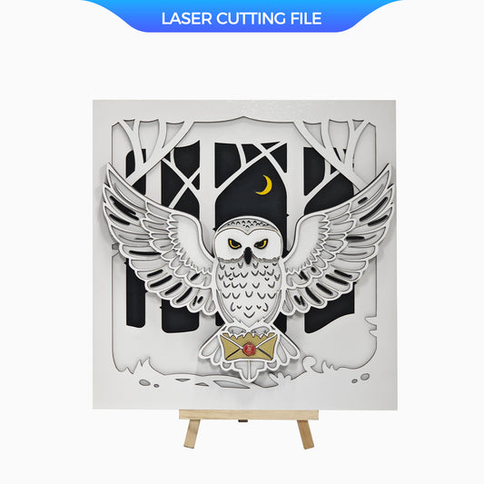 Multilayer Magic Owl SVG – Flying Snowy Owl with Letter Wall Art Laser Cutting File