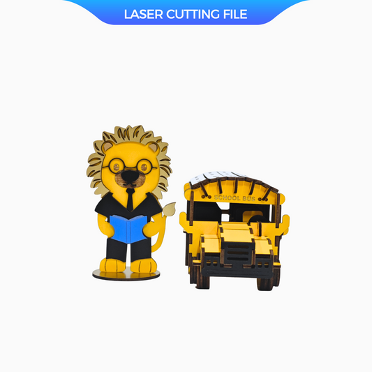 Quebra-cabeça de ônibus escolar 3D SVG – Arquivo cortado a laser com o professor Sr. Liona