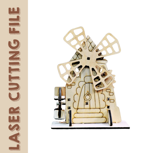 Mechanisierte Holzhütte Windmühle Laser Schneidedatei - DIY 3D Puzzle Dekor