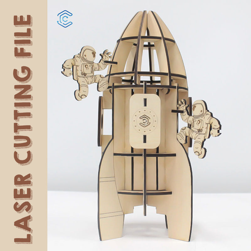 Rocket-shaped wine bottle holder laser cutting file by Creatorally