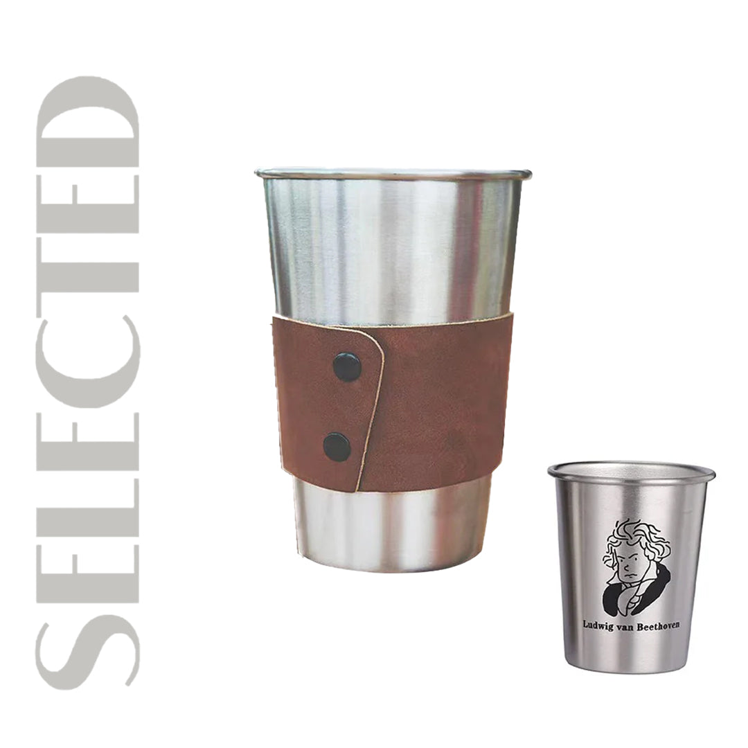 Creatorally 4 Packs 500ML Stainless Steel Cup with Leather Cover