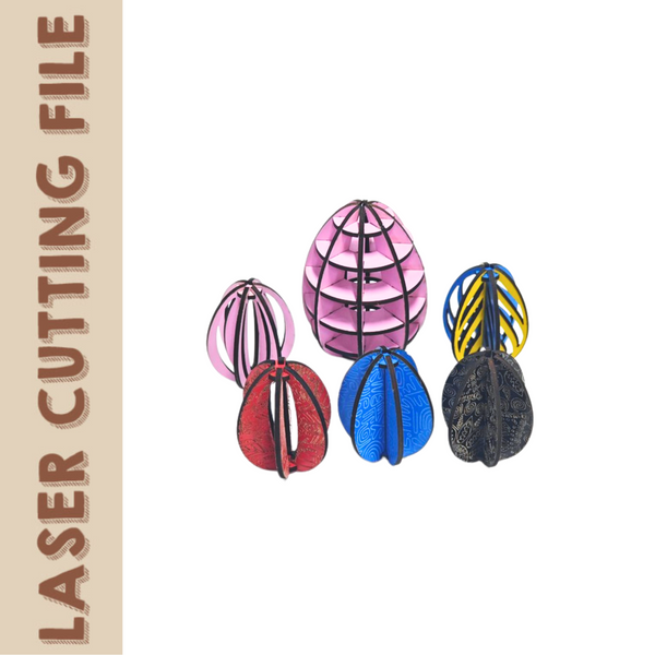 Set of colorful 3D laser cut Easter eggs featuring multiple engraved patterns, designed as tabletop spring decor.