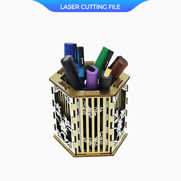 3D puzzle-style pen holder with floral cutout outer layer and vertical slat inner wall, made from laser-cut plywood