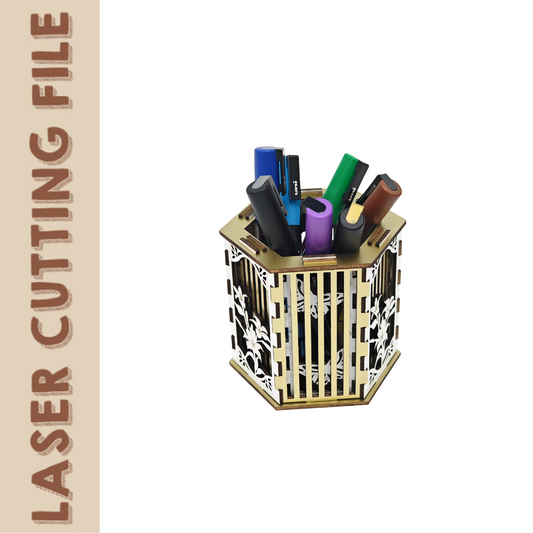 3D puzzle-style pen holder with floral cutout outer layer and vertical slat inner wall, made from laser-cut plywood