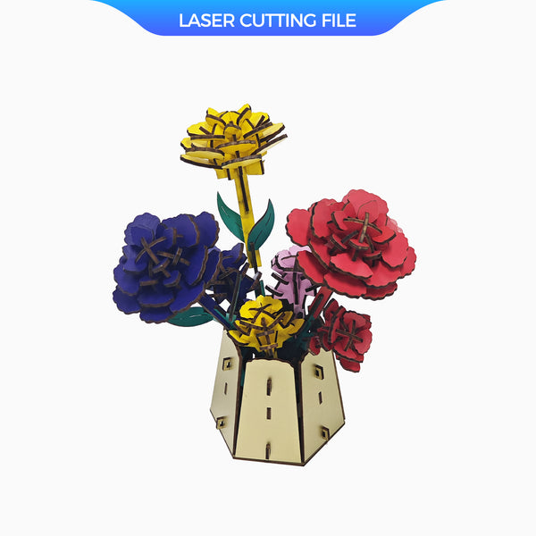Colorful 3D puzzle-style flower bouquet in a polygonal wooden vase, made from layered laser-cut plywood.