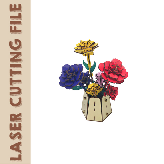 Colorful 3D puzzle-style flower bouquet in a polygonal wooden vase, made from layered laser-cut plywood.