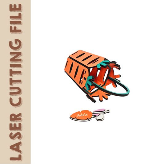 3D carrot-shaped Easter basket with personalized name tag, made from colored laser-cut plywood.