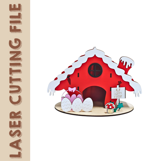 Laser-cut 3D Easter bunny house with tea bag storage, featuring Easter eggs and a Happy Easter sign, perfect for DIY spring home decor