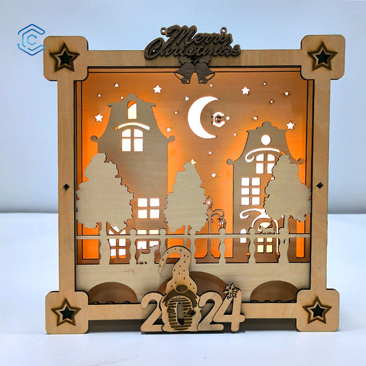 Glowing three-dimensional Christmas street view laser cutting file