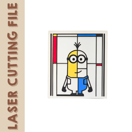 Two-layer laser cut file featuring a cartoon Minion in Mondrian style geometric color blocks. Ideal for modern wall decor or playful art projects.