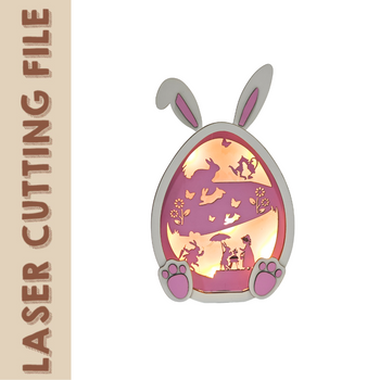 Easter bunny egg-shaped lightbox SVG design with layered silhouette cutouts for laser cutting. Soft glowing effect ideal for spring decor or night lights.