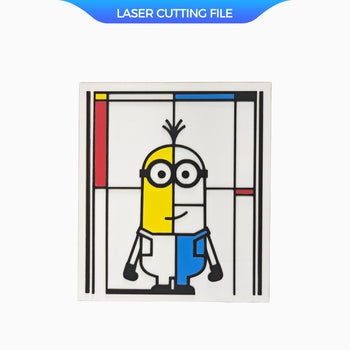 Two-layer laser cut file featuring a cartoon Minion in Mondrian style geometric color blocks. Ideal for modern wall decor or playful art projects.
