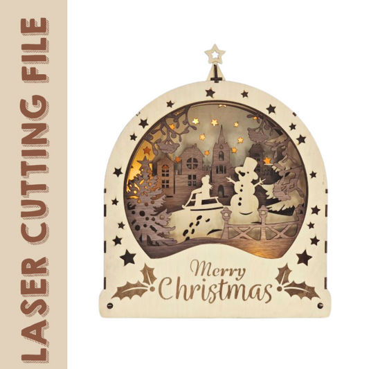 Wooden Christmas Village Crystal Ball Inspired Holiday Light box 3D Puzzle Laser Cutting File