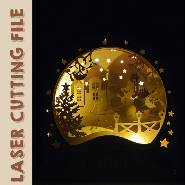 Wooden Christmas Village Crystal Ball Inspired Holiday Light box 3D Puzzle Laser Cutting File