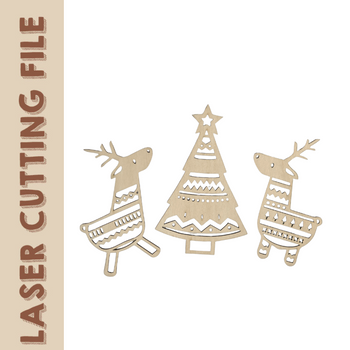 Enchanting Christmas Tree with Reindeer Hanging Ornaments Laser Cutting File