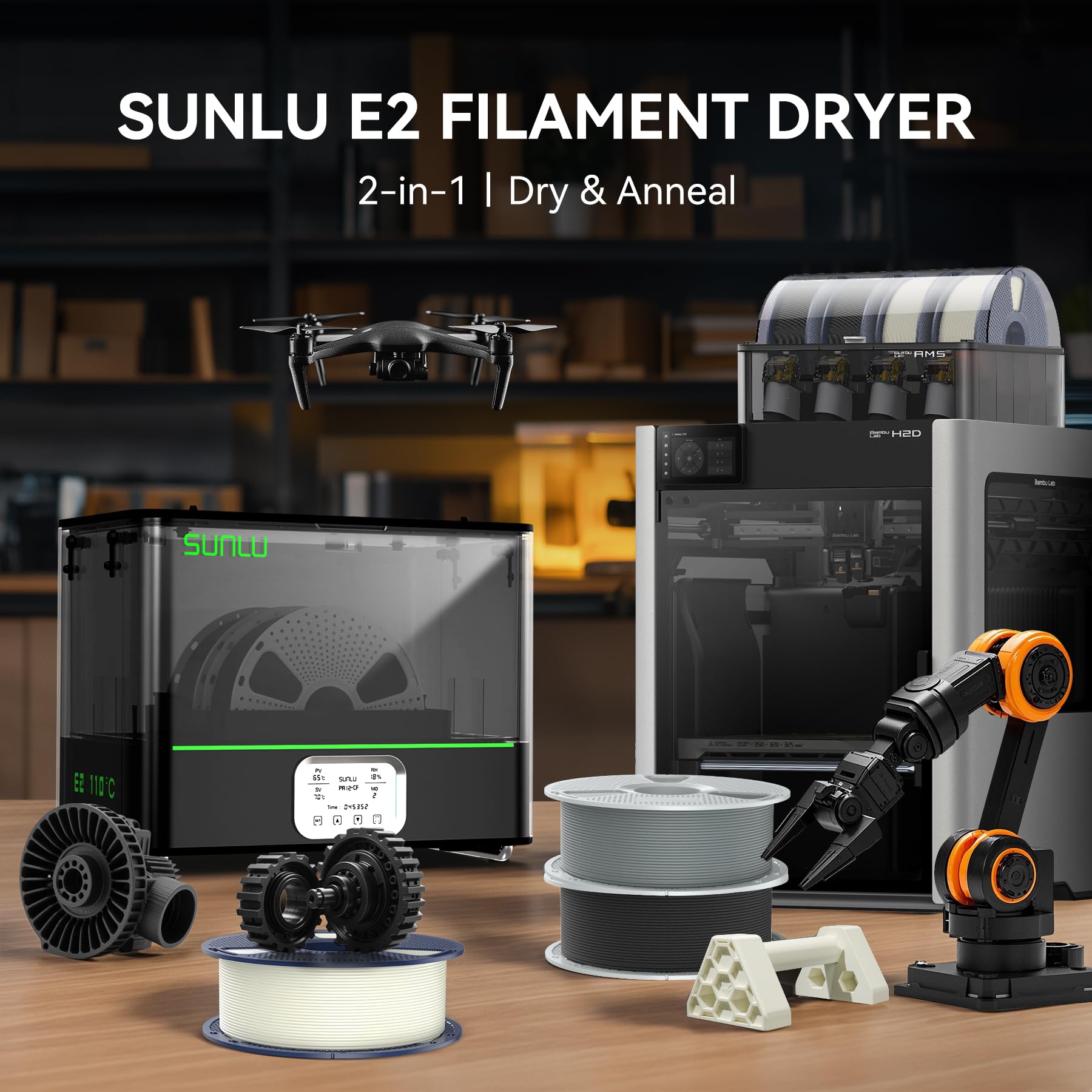 SUNLU E2 Filament Dryer 110℃ Max Temperature 2 in 1 Dry and Anneal for Engineering Filaments US