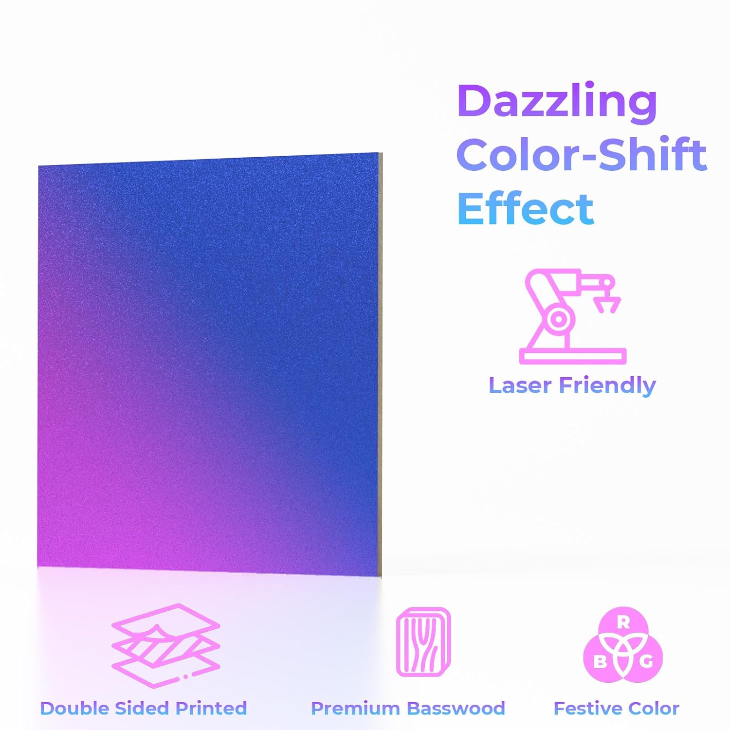 Iridescent Chameleon Color-Shift Plywood Sheets, 4-Pack, 12×12" (30×30 cm), 3mm | Creatorally