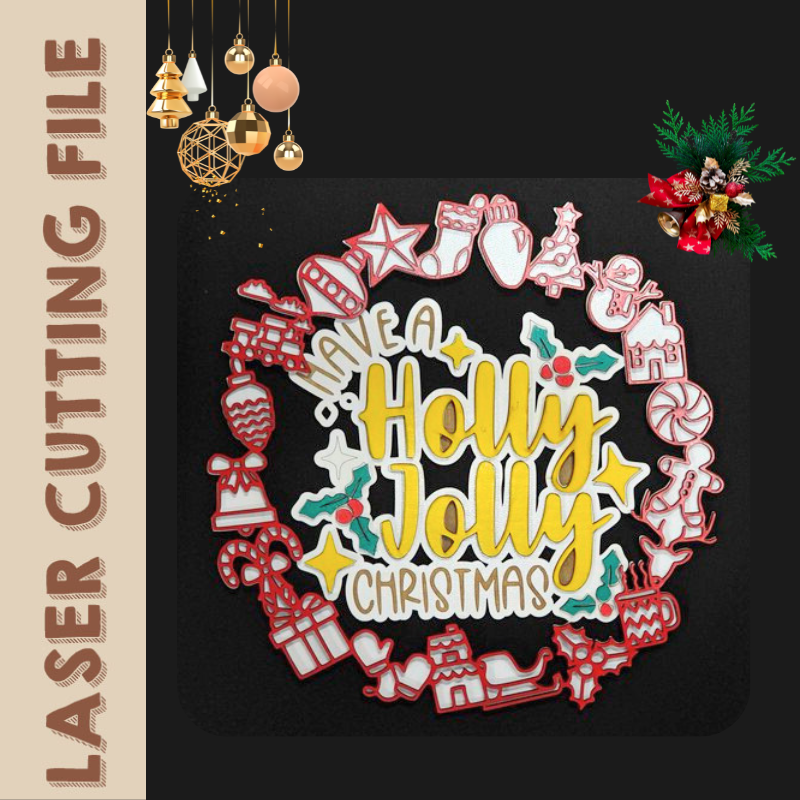 Christmas Multilayer ’Holly Jolly‘ Wreath Door Sign Home Decor Laser Cutting File