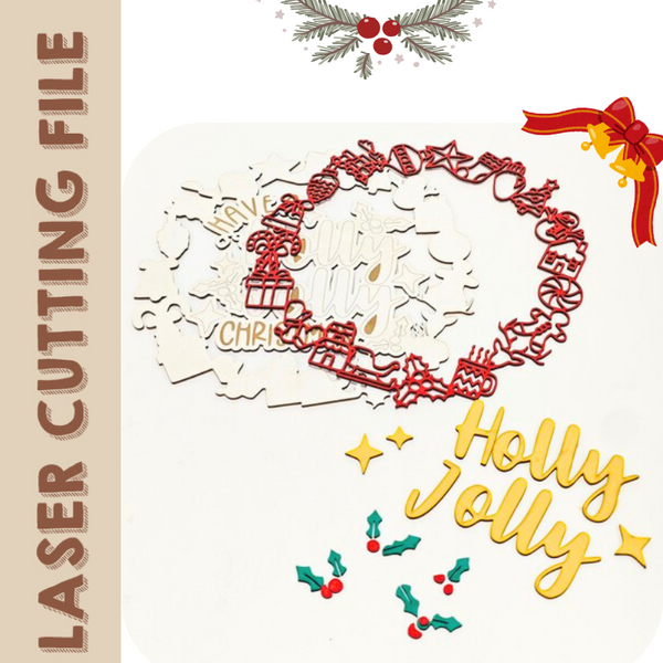 Christmas Multilayer ’Holly Jolly‘ Wreath Door Sign Home Decor Laser Cutting File