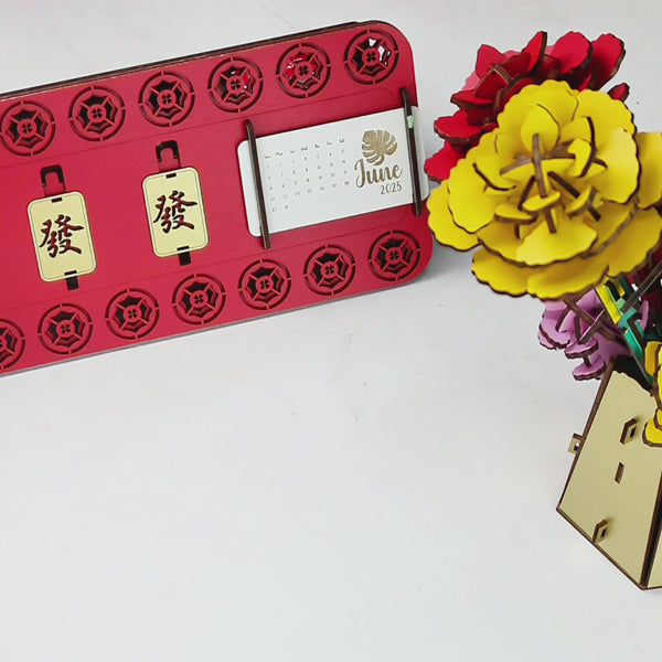 3D puzzle-style pen holder with floral cutout outer layer and vertical slat inner wall, made from laser-cut plywood