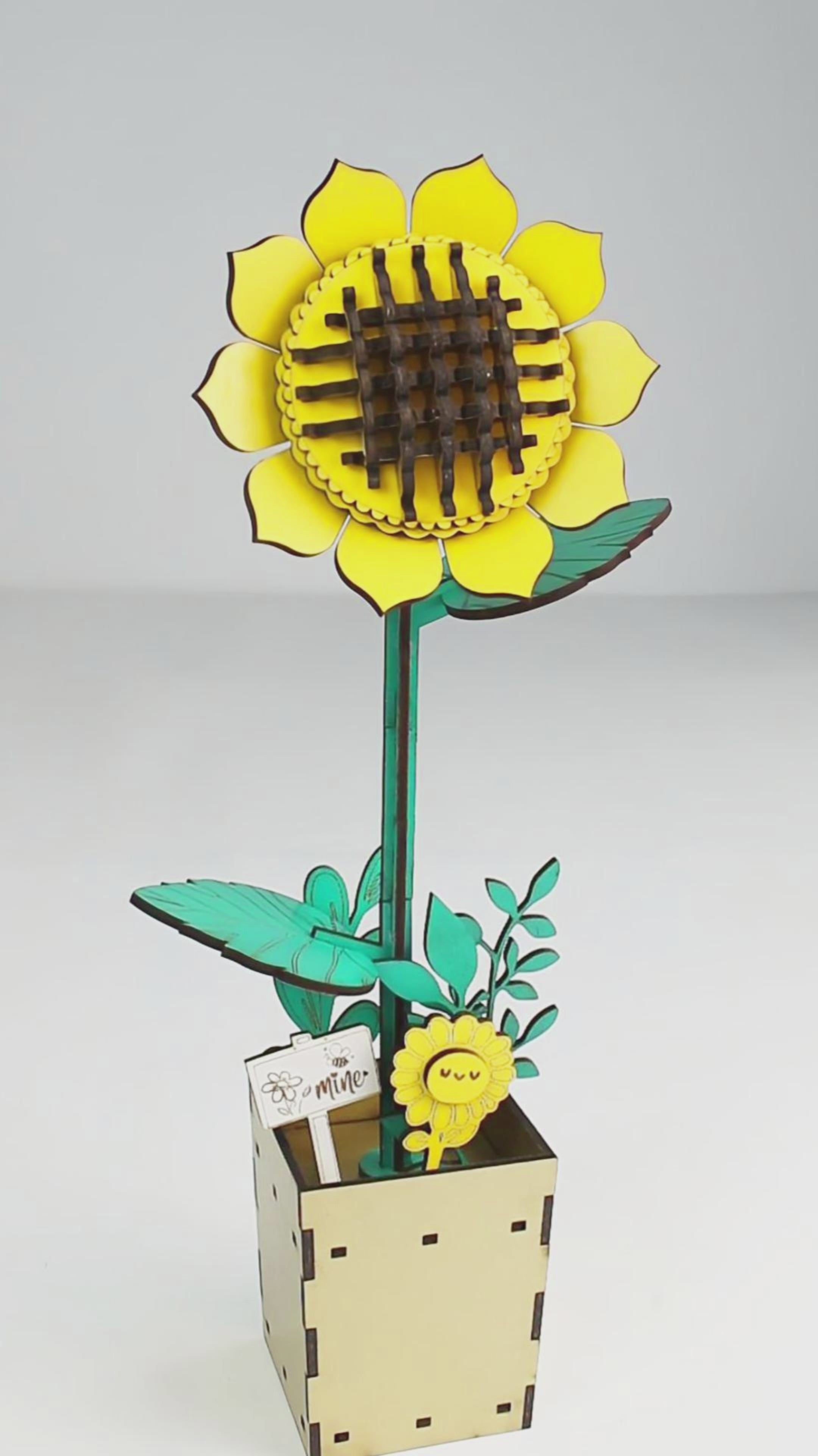 Adorable Sunflower Pot DIY 3D Puzzle Laser Cutting File - "Bee Mine" Craft Decoration