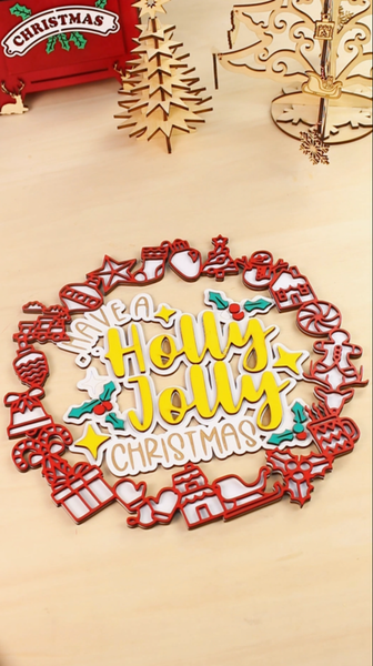 Christmas Multilayer ’Holly Jolly‘ Wreath Door Sign Home Decor Laser Cutting File