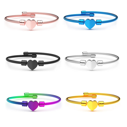 6pcs Multicolor Stainless Steel Heart Shaped Steel Wire Rope Adjustable Bracelet for Women Girl - CREATORALLY